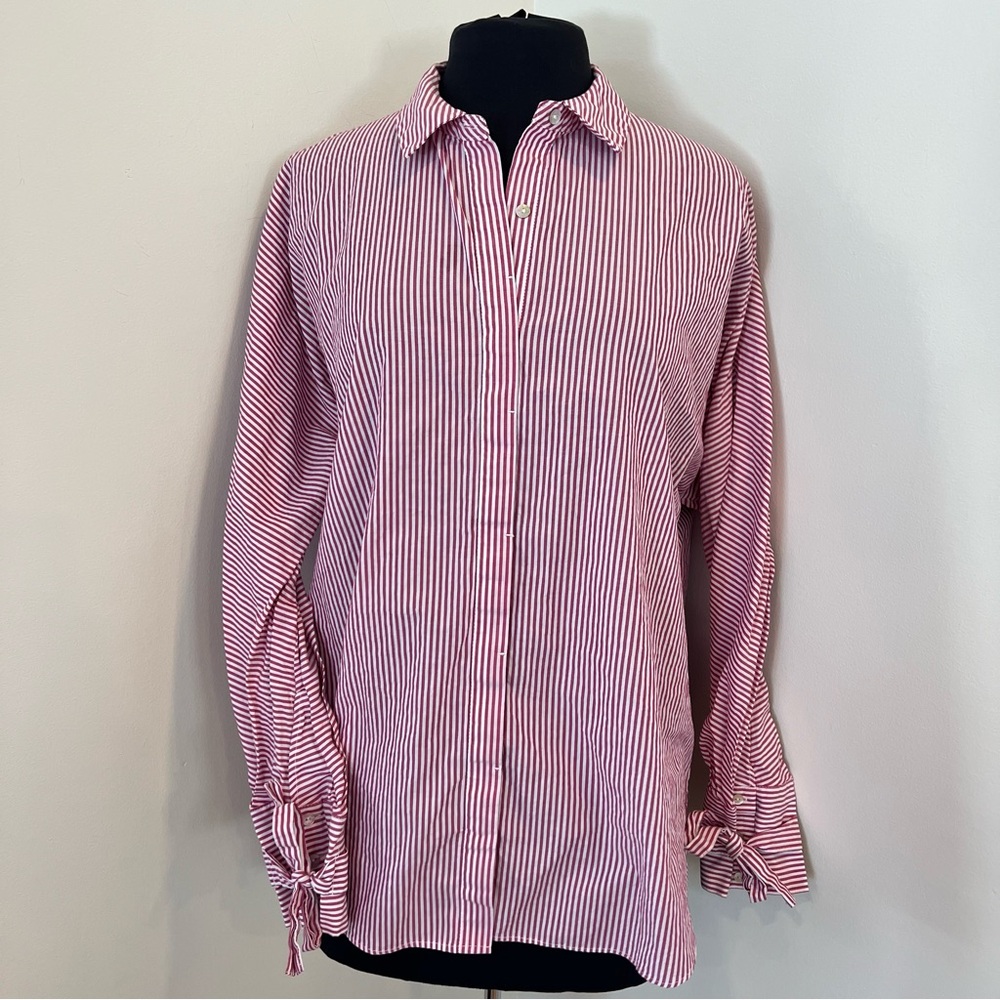 Jane & Delancey Striped Button Front Shirt Women XL Pink Bow Wrist 100% Cotton